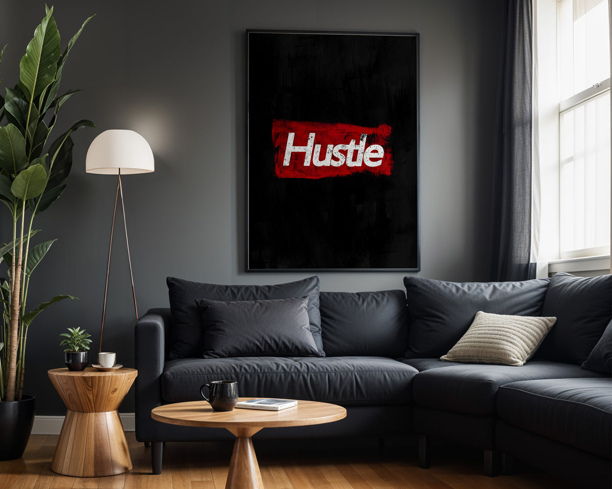 Hustle in Red motivational wall art – alternate room view