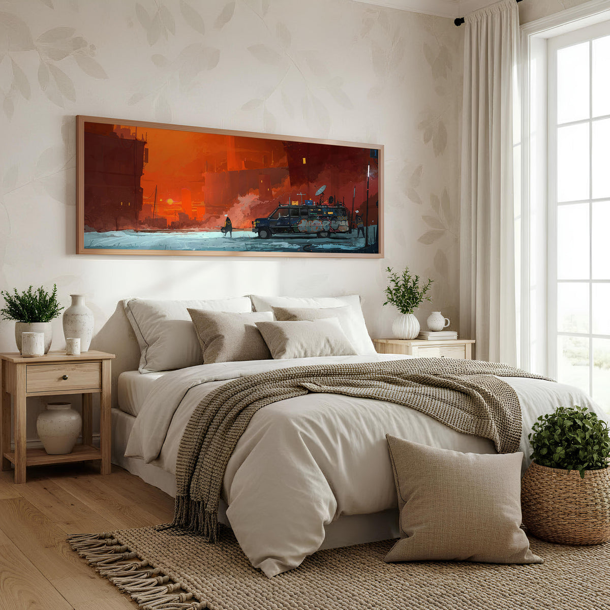 Inferno Passage Panoramic Wall Art shown in a bedroom