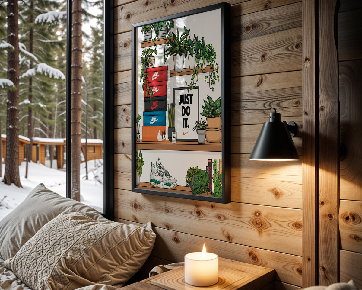 Just Do It Shelf sneaker wall art in cabin interior