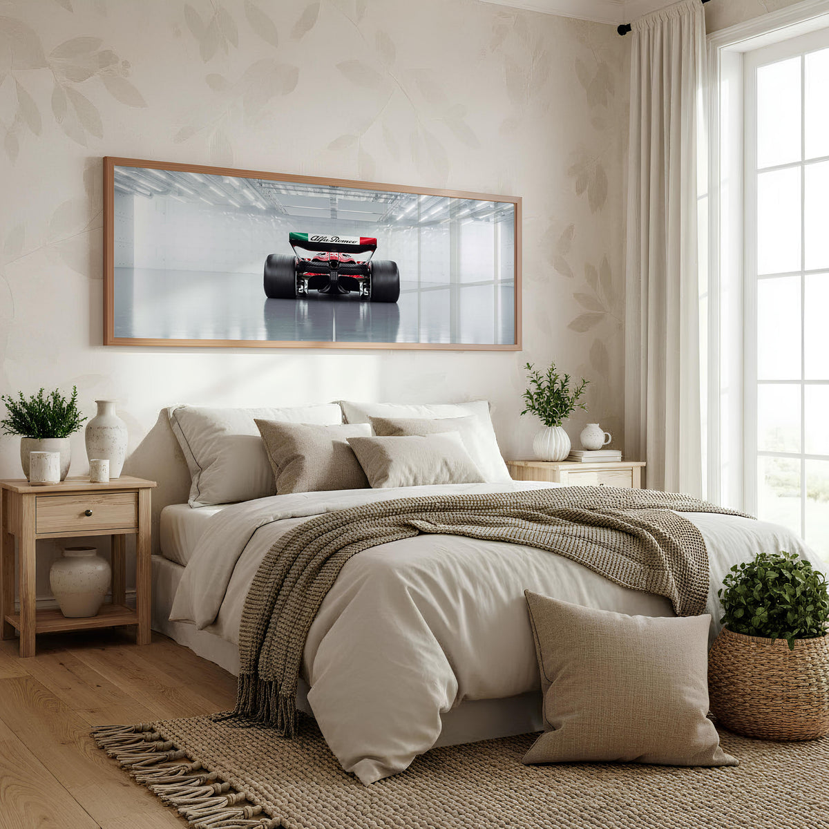 Kerbside Panoramic Formula 1 Wall Art shown in a bedroom