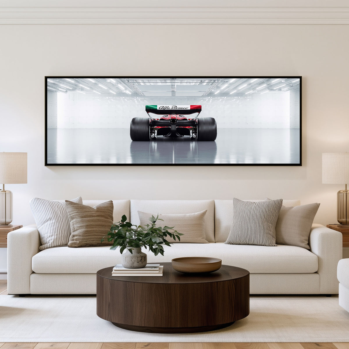 Kerbside Panoramic Formula 1 Wall Art shown in a living room
