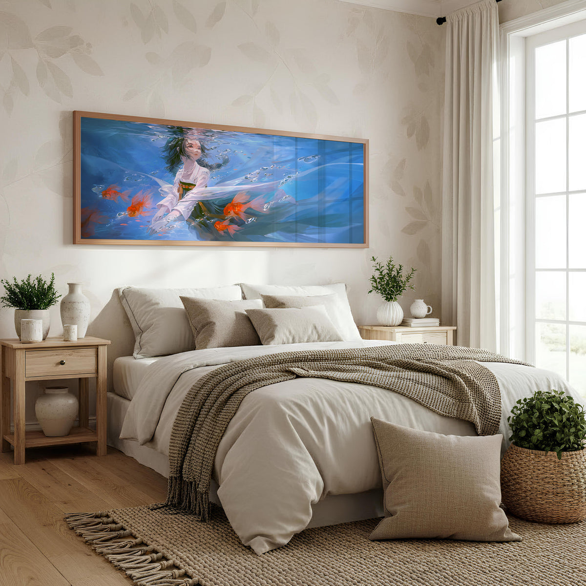 Koi Flight Panoramic Wall Art shown in a bedroom