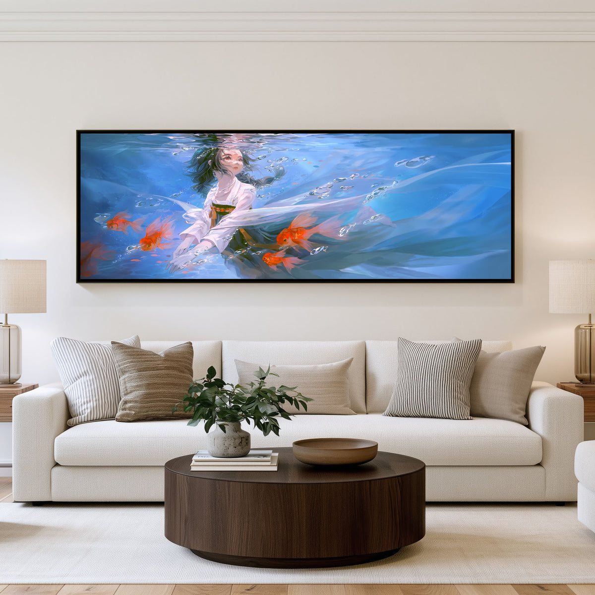 Koi Flight Panoramic Wall Art shown in a living room