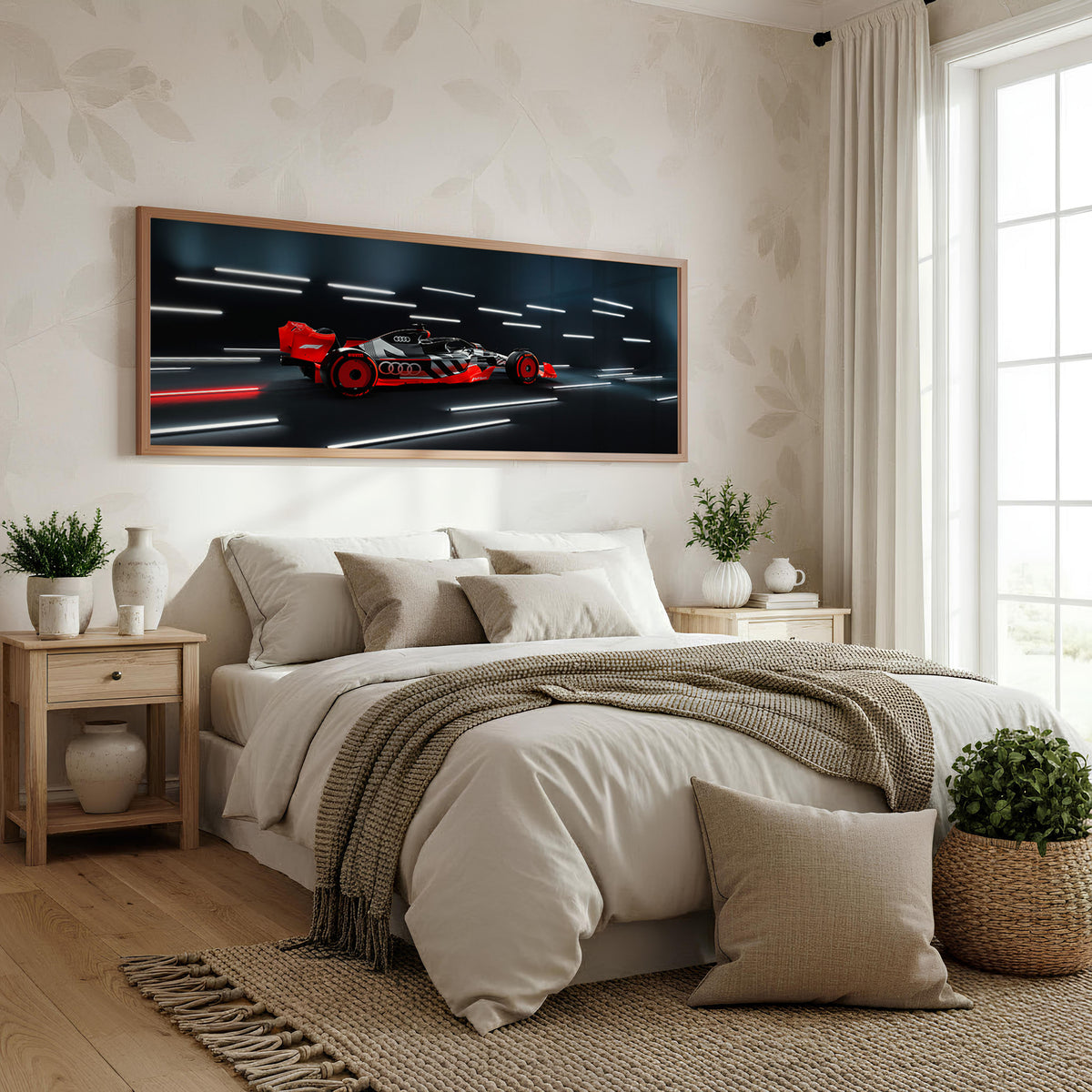 Lap One Panoramic Formula 1 Wall Art shown in a bedroom