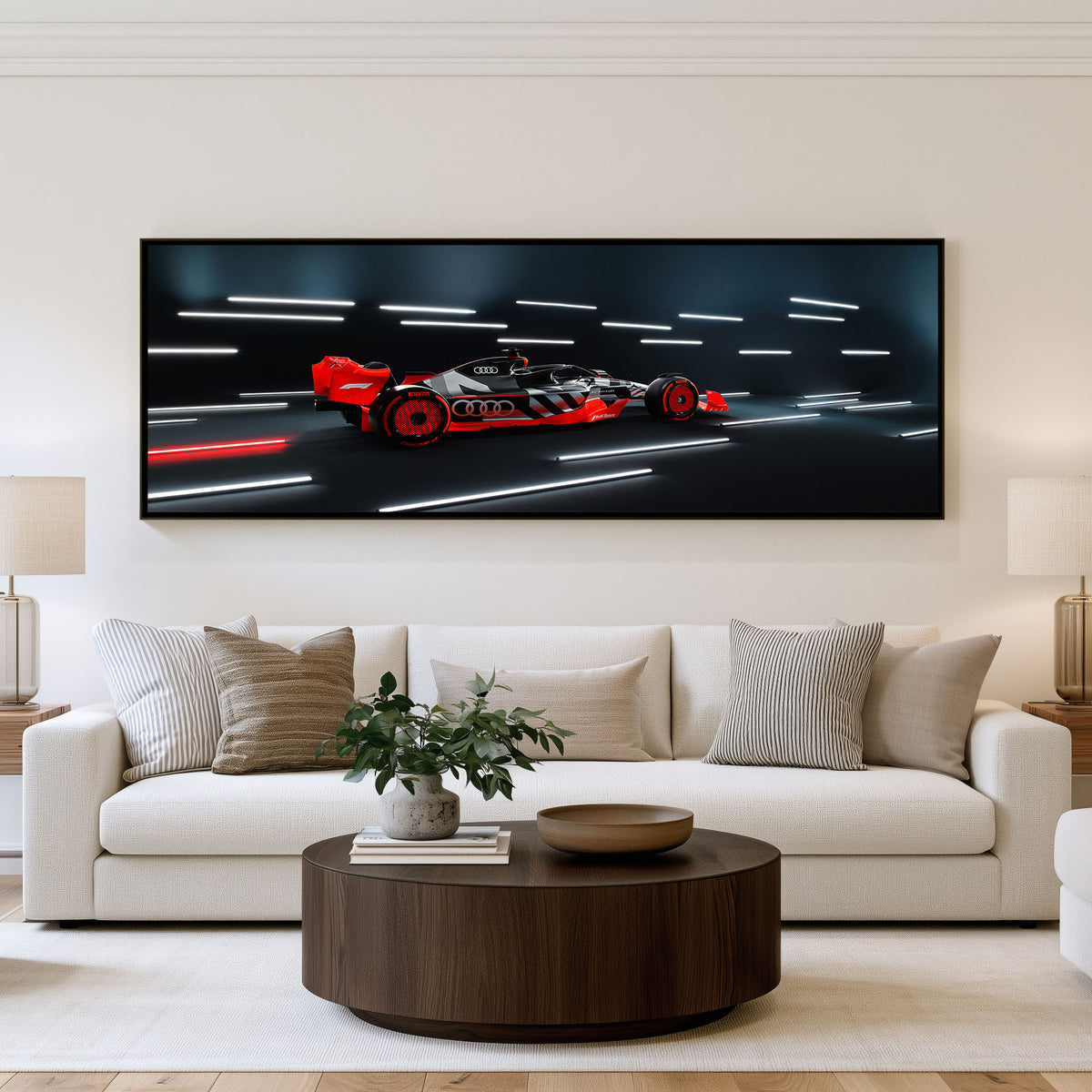 Lap One Panoramic Formula 1 Wall Art shown in a living room