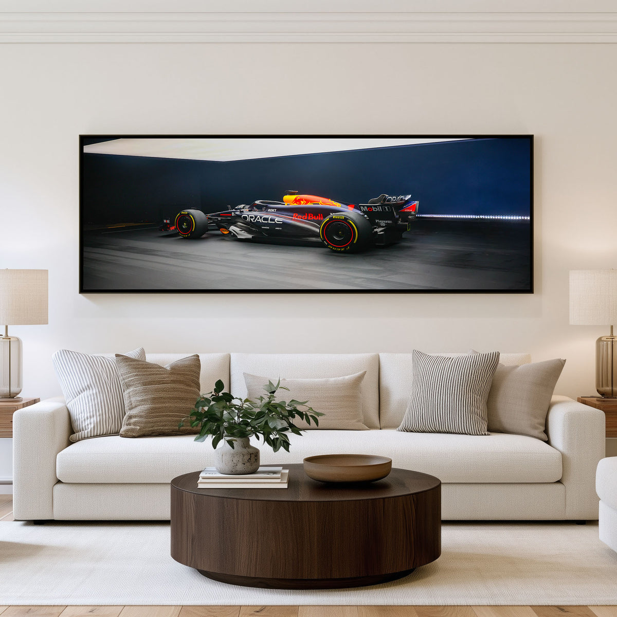 Late Braking Panoramic Formula 1 Wall Art shown in a living room