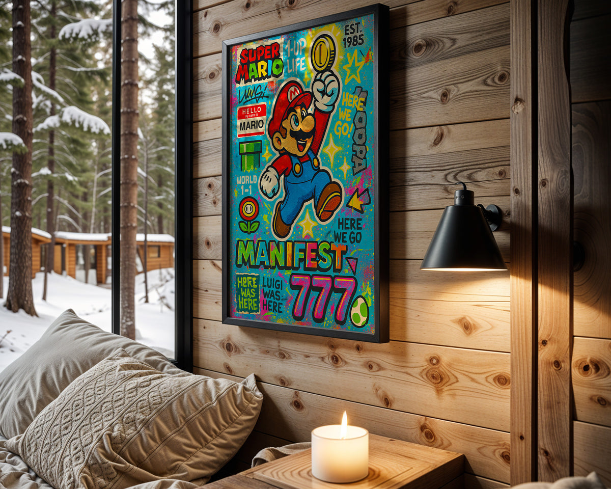 Level Up 777 wall art in cabin interior