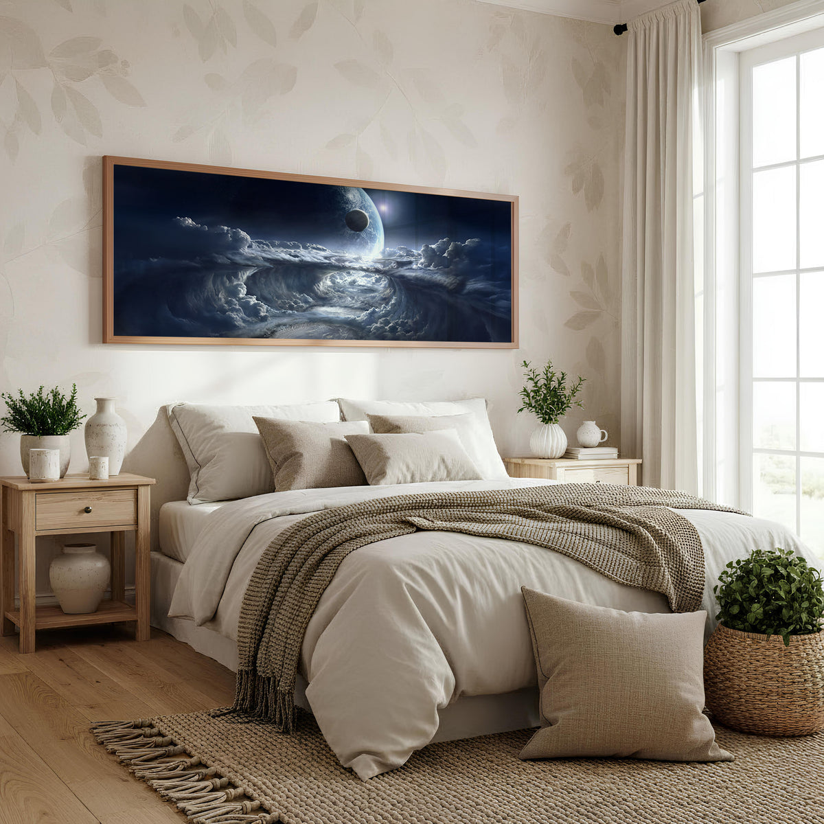 Lunar Coast Panoramic Wall Art shown in a bedroom