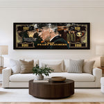 Luxury Currency panoramic wall art shown in a living room