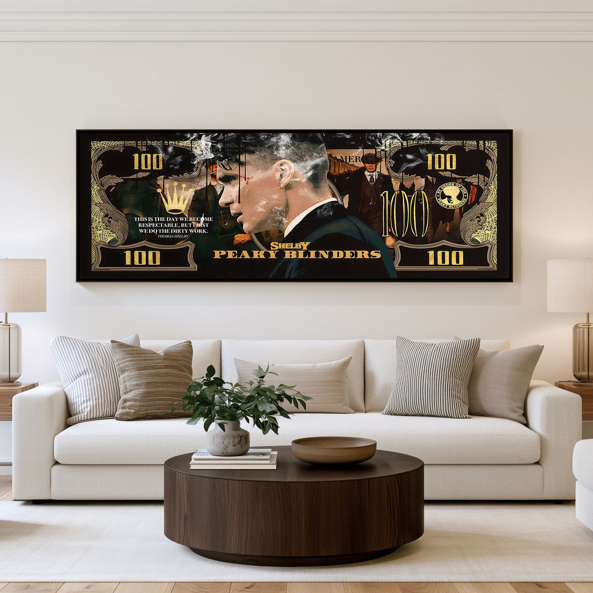 Luxury Currency panoramic wall art shown in a living room