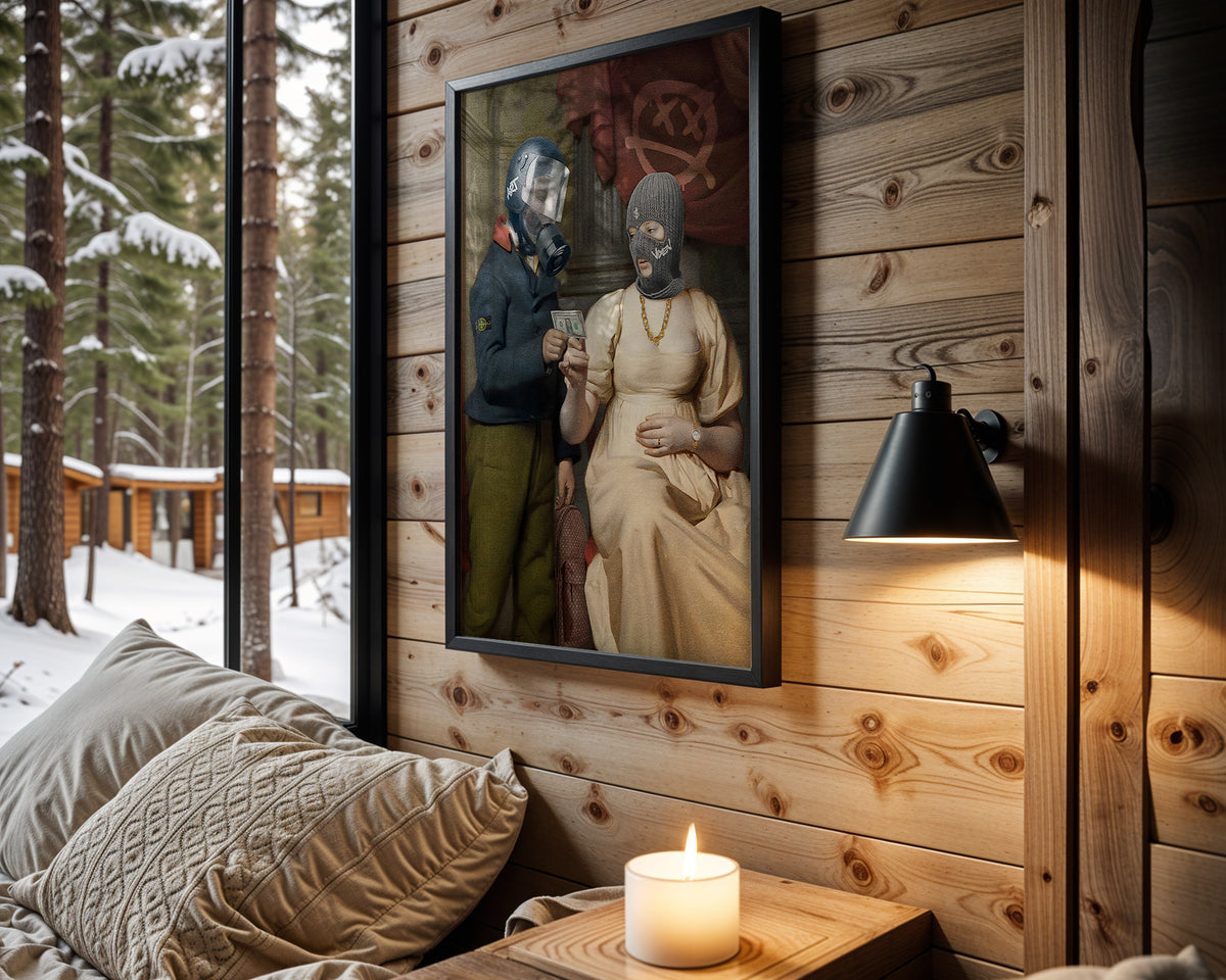 Masked Couple wall art in cabin interior