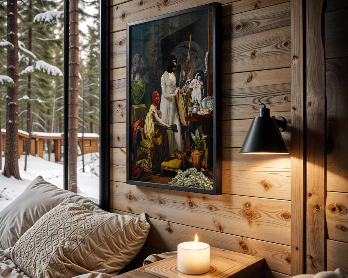 Masked Masterpiece wall art in cabin interior