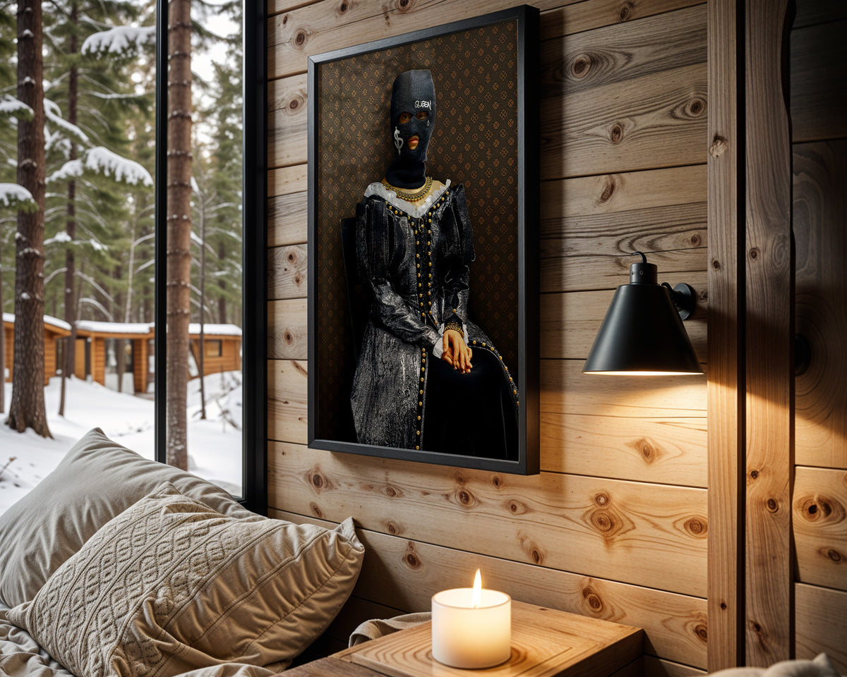 Masked Monarch wall art in cabin interior