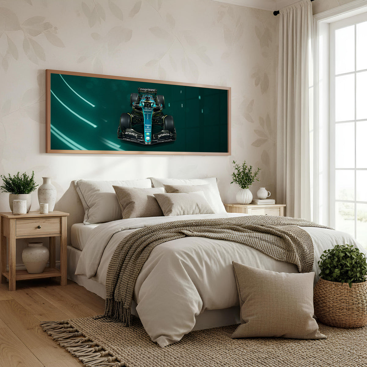 Maximum Attack Panoramic Formula 1 Wall Art shown in a bedroom