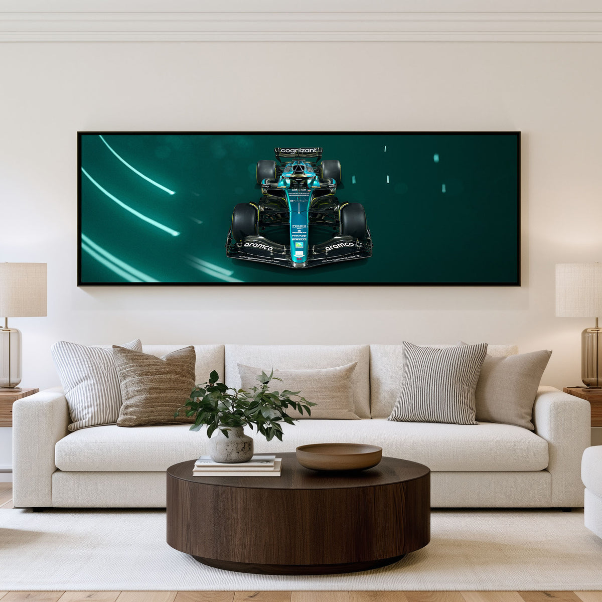Maximum Attack Panoramic Formula 1 Wall Art shown in a living room