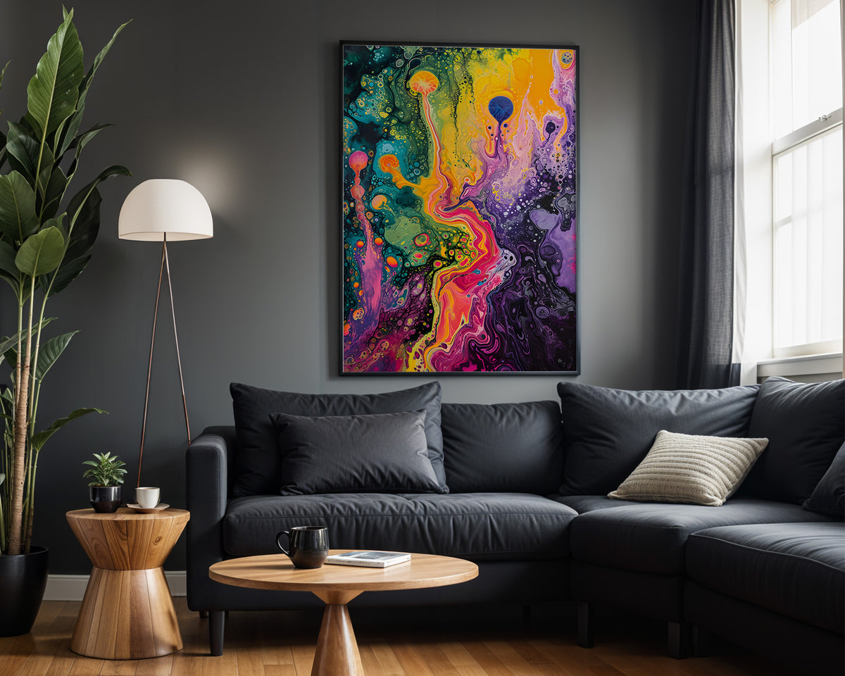 Melted Psyche psychedelic wall art – dark lounge view