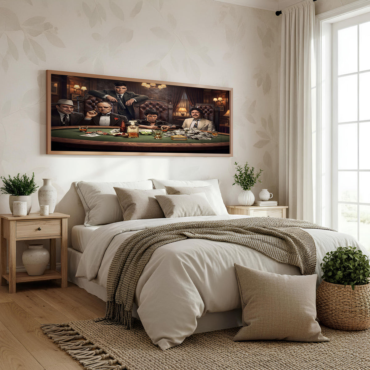 Midnight Poker Kings Panoramic Wall Art shown in a bedroom
