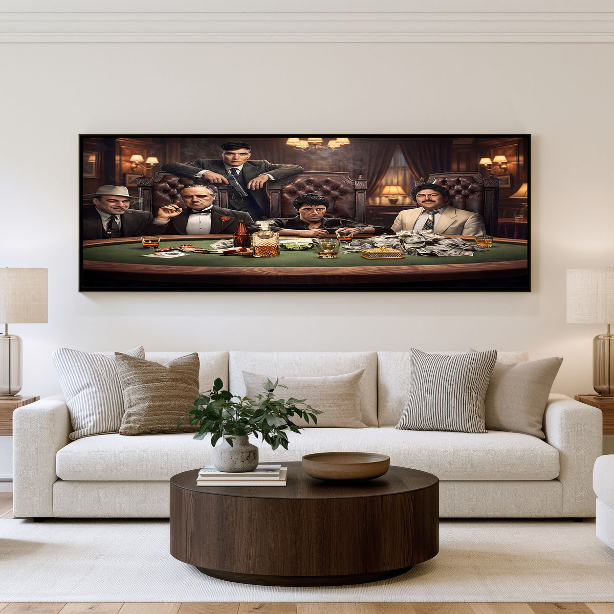 Midnight Poker Kings Panoramic Wall Art shown in a living room