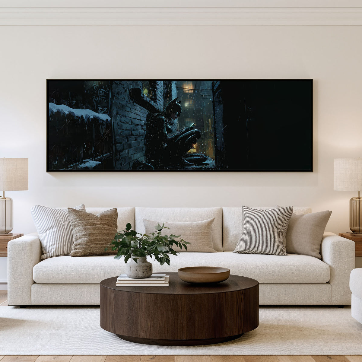 Batman Rainy Alley Panoramic Wall Art shown in a living room