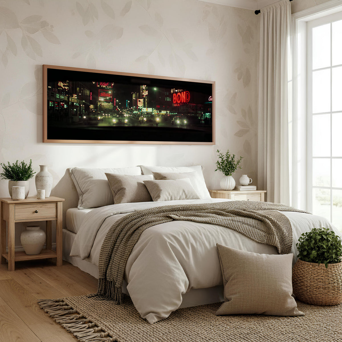 Midnight City Lights Panoramic Wall Art shown in a bedroom