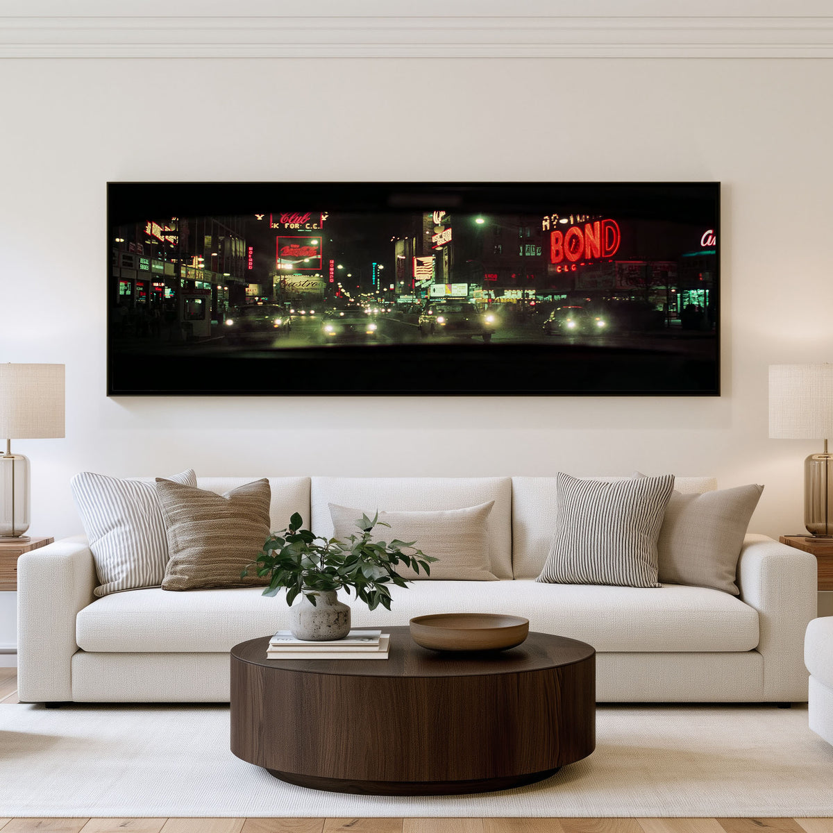 Midnight City Lights Panoramic Wall Art shown in a living room