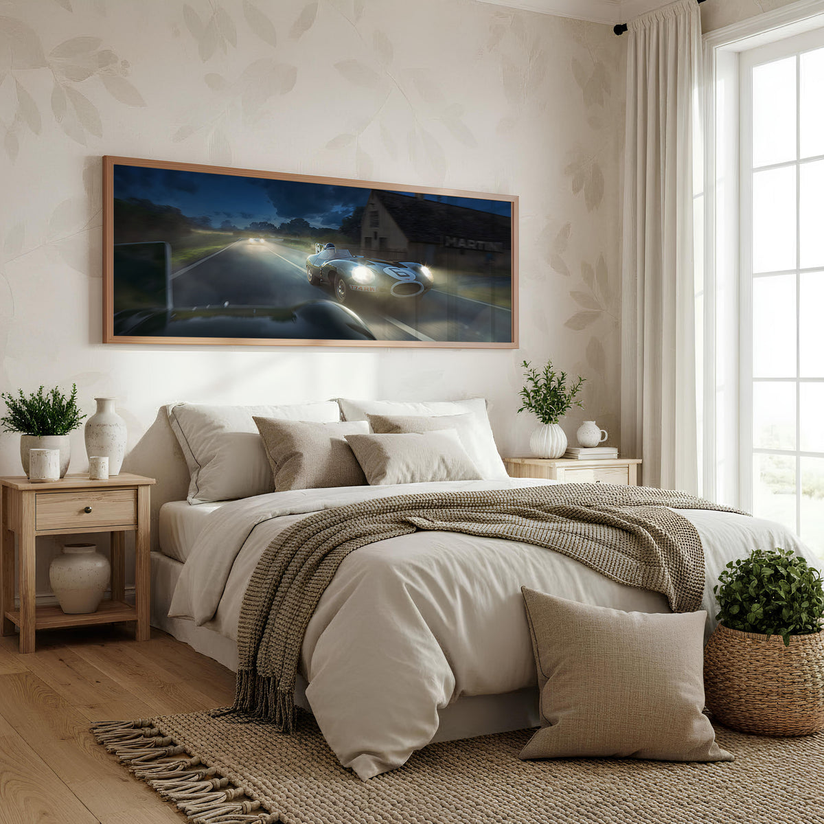 Midnight Pursuit panoramic car wall art shown in a bedroom