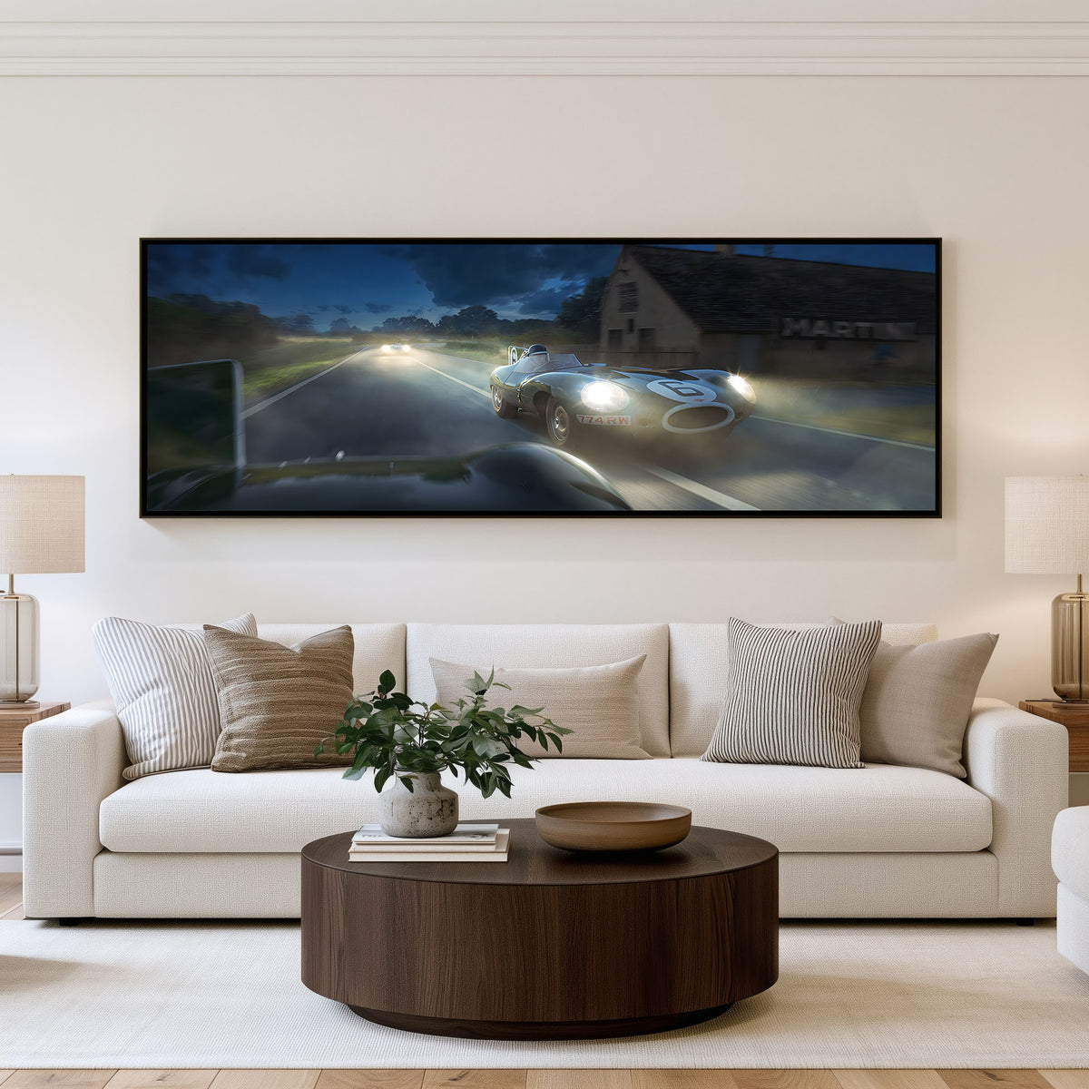Midnight Pursuit panoramic car wall art shown in a living room