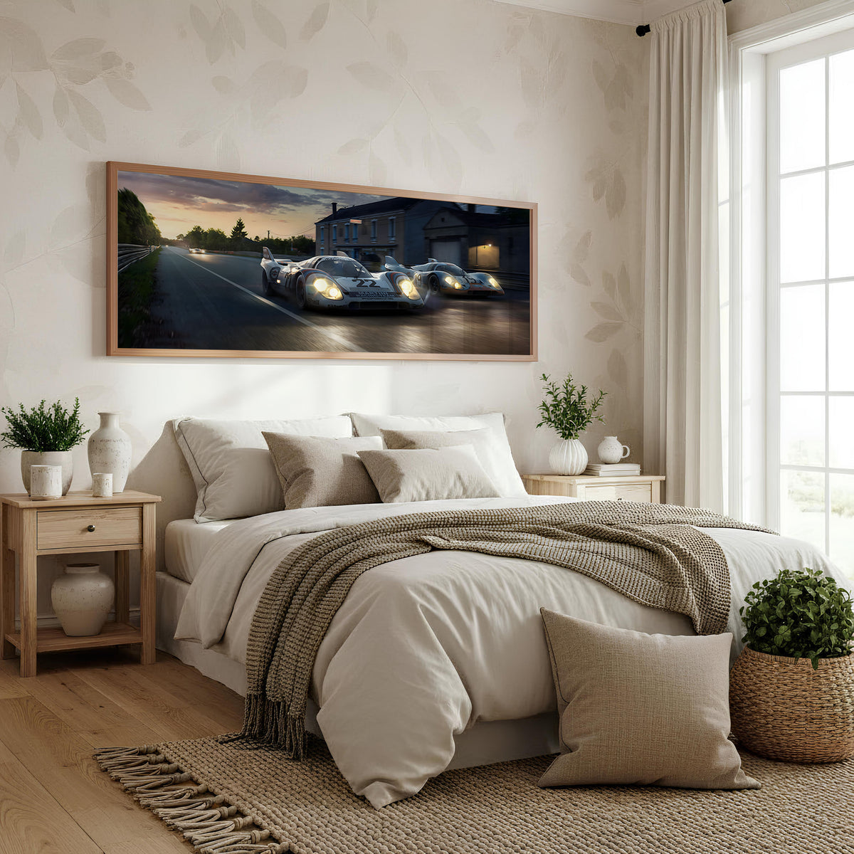 Twilight Endurance Duo Panoramic Motorsport Wall Art shown in a bedroom