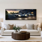 Twilight Endurance Duo Panoramic Motorsport Wall Art shown in a living room