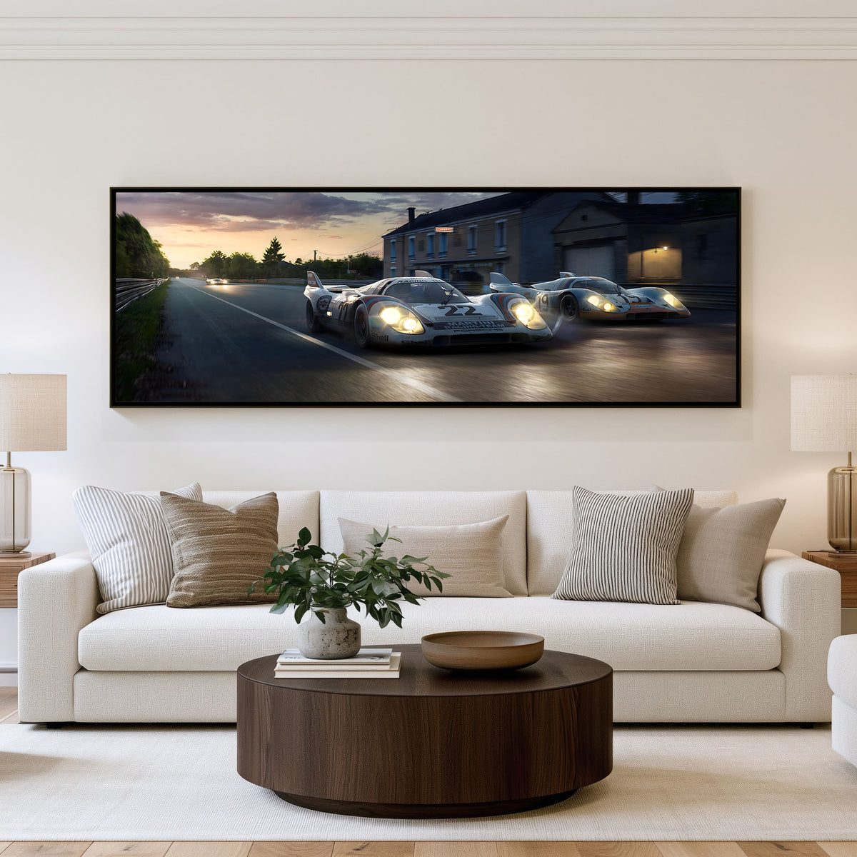 Twilight Endurance Duo Panoramic Motorsport Wall Art shown in a living room