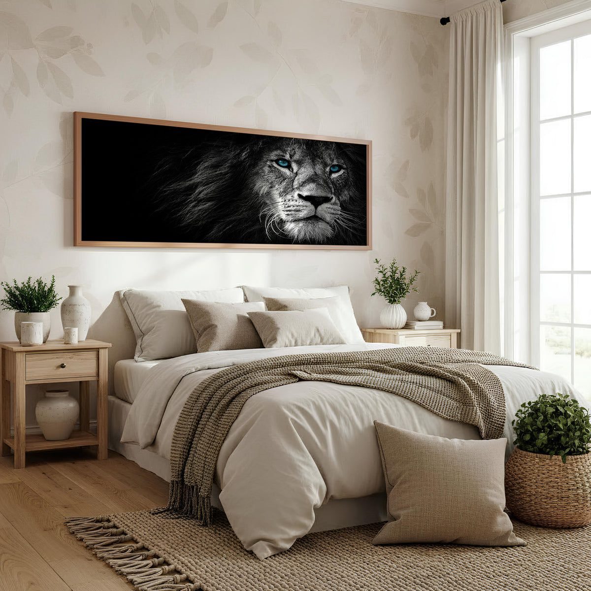Midnight Lion Panoramic Wall Art shown in a bedroom