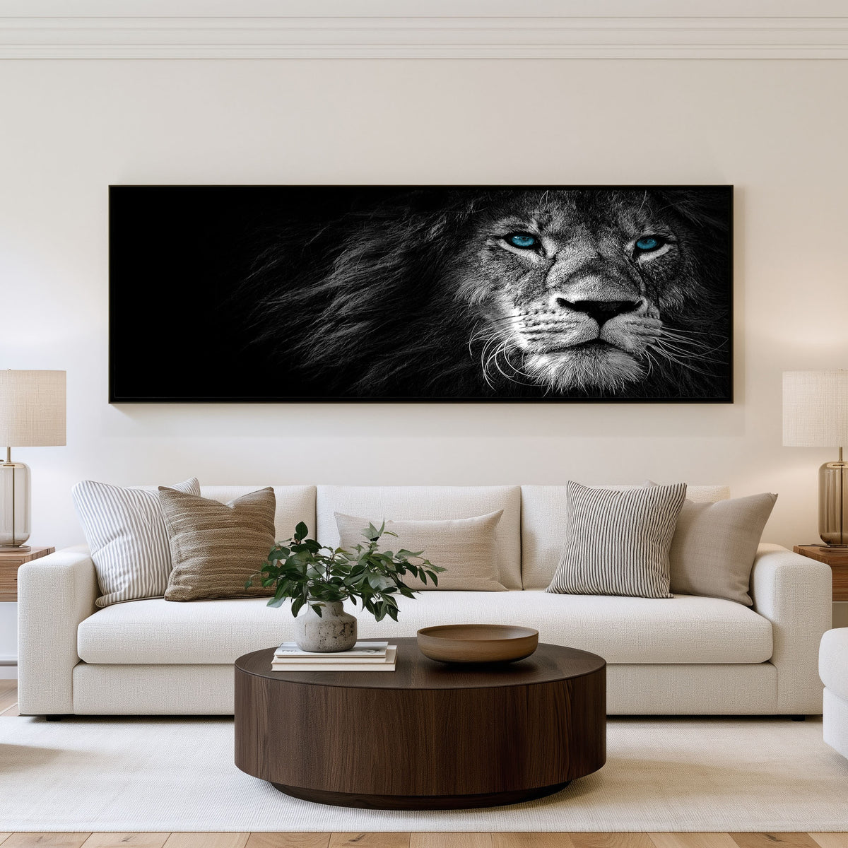 Midnight Lion Panoramic Wall Art shown in a living room