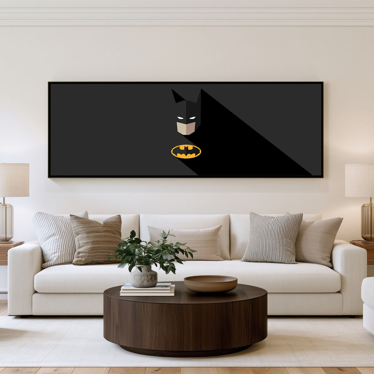 Batman Shadow Geometry Panoramic Wall Art shown in a living room