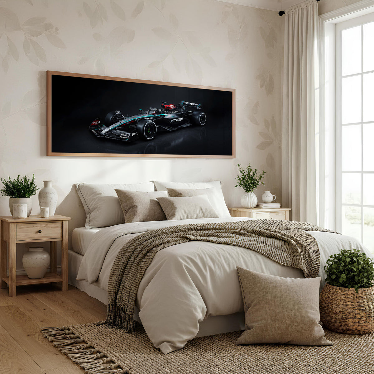 Momentum Panoramic Formula 1 Wall Art shown in a bedroom