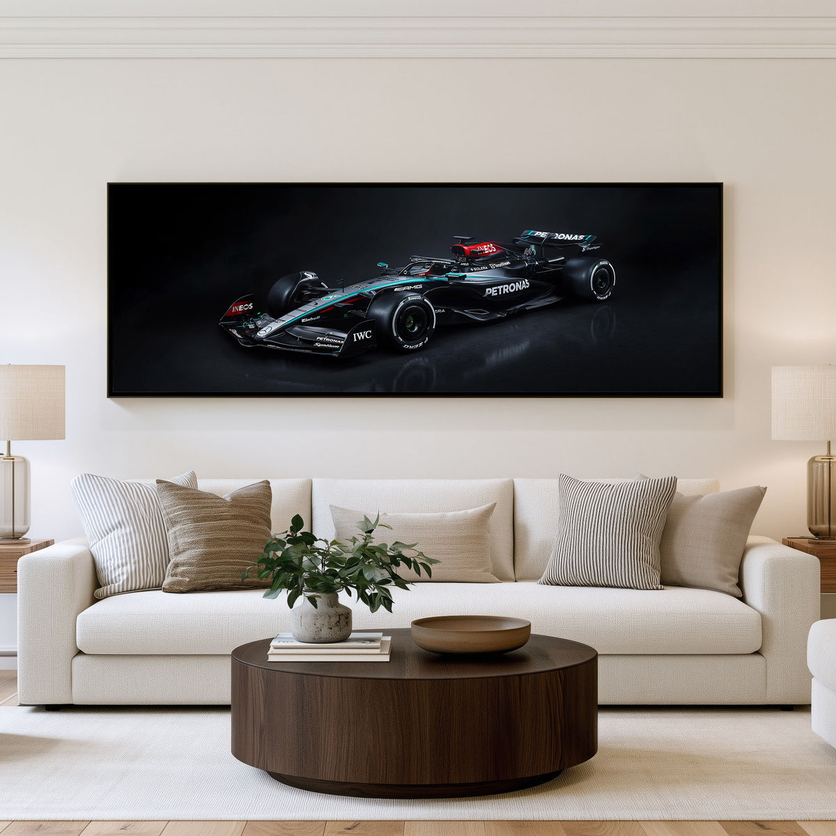 Momentum Panoramic Formula 1 Wall Art shown in a living room