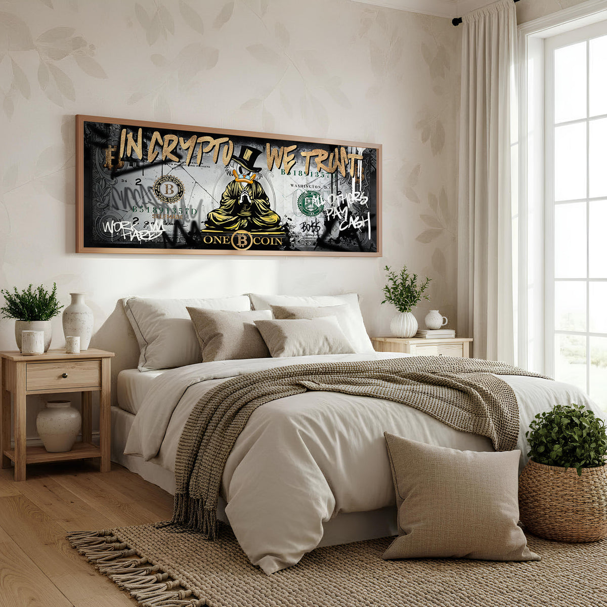 Money Empire panoramic wall art shown in a bedroom