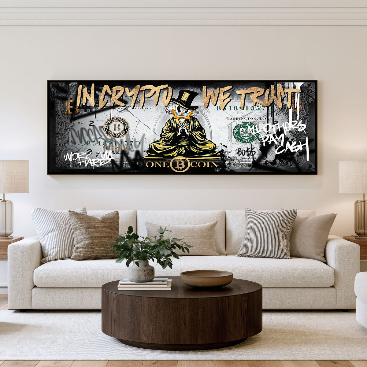 Money Empire panoramic wall art shown in a living room