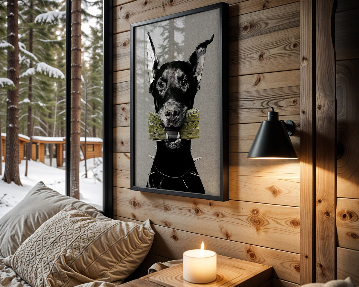Money Hound wall art in cabin interior