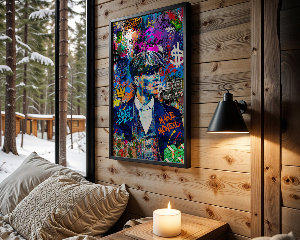 Money Moves wall art in cabin interior