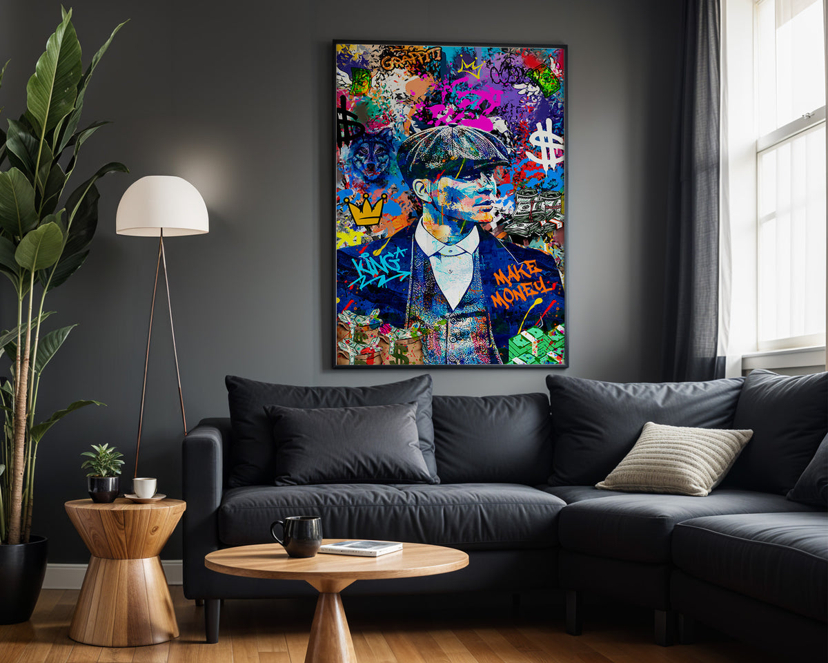 Money Moves wall art in modern living room