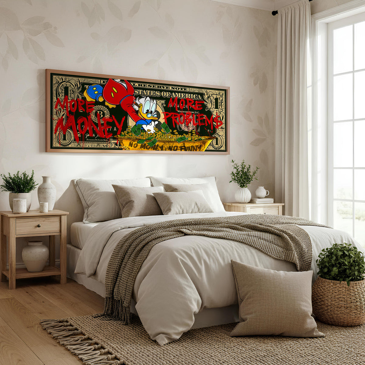 Money Moves panoramic wall art shown in a bedroom