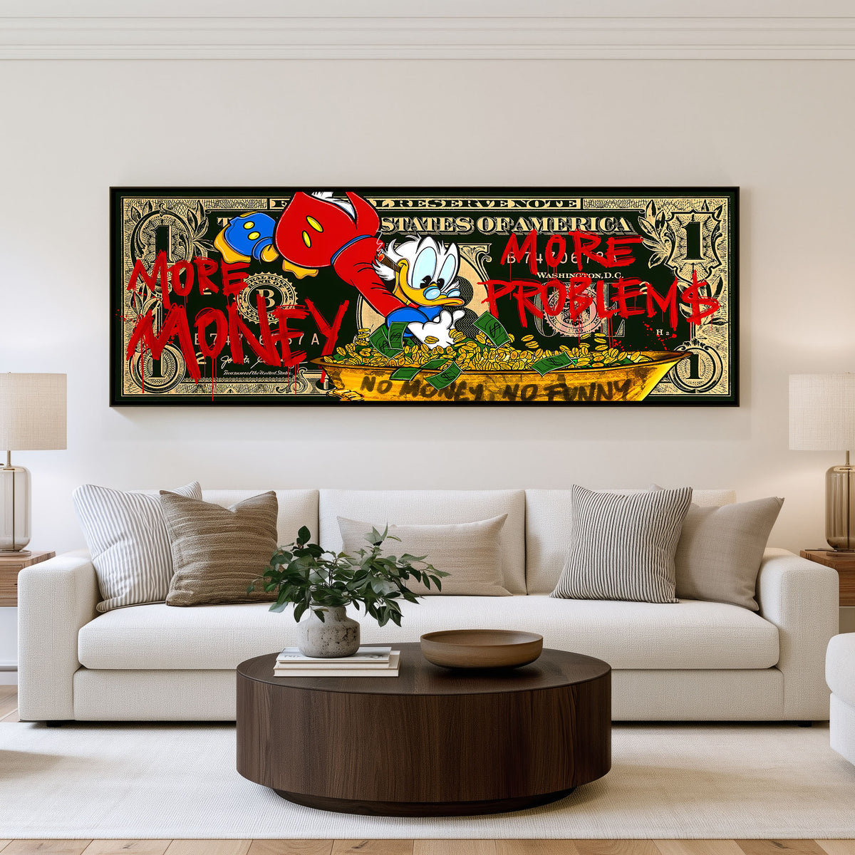 Money Moves panoramic wall art shown in a living room