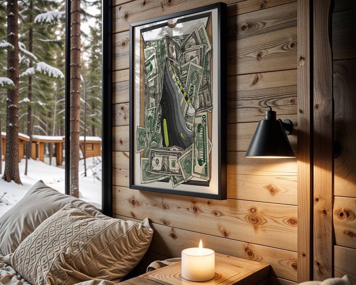 Money Sole sneaker wall art in cabin interior