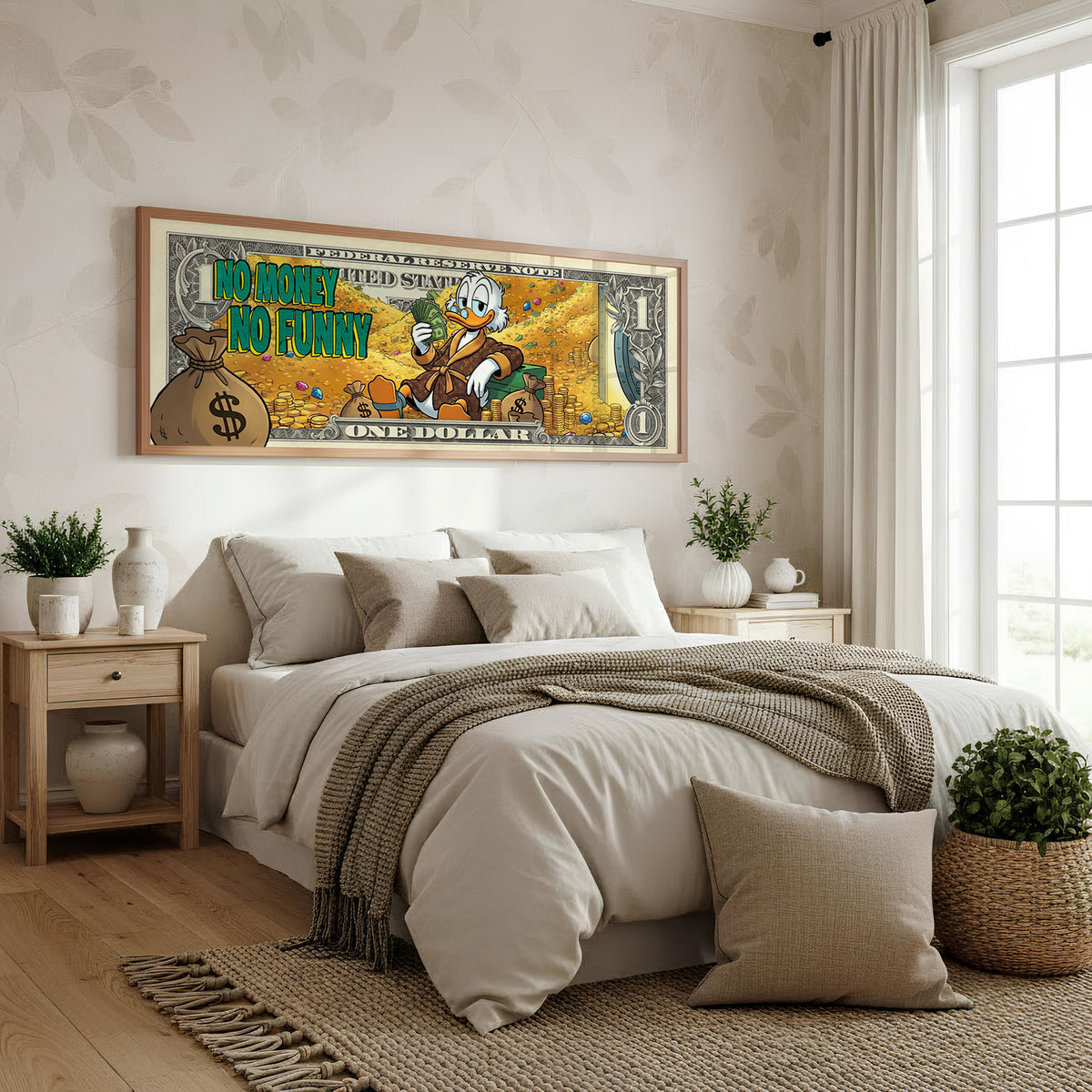 Money Talks Panoramic Wall Art shown in a bedroom