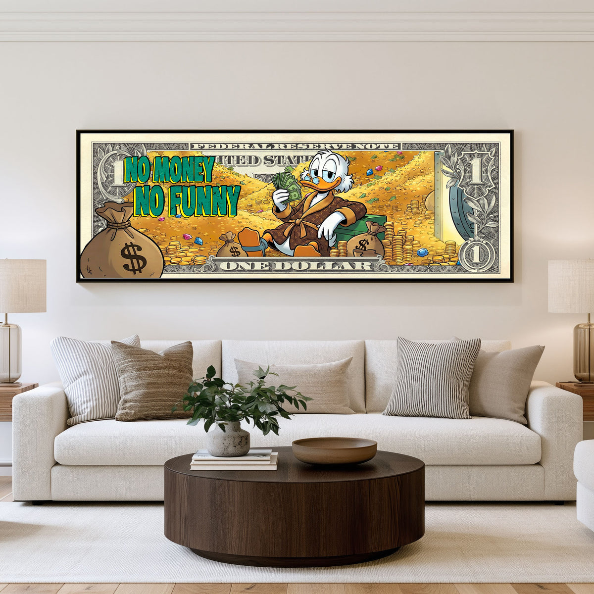 Money Talks Panoramic Wall Art shown in a living room