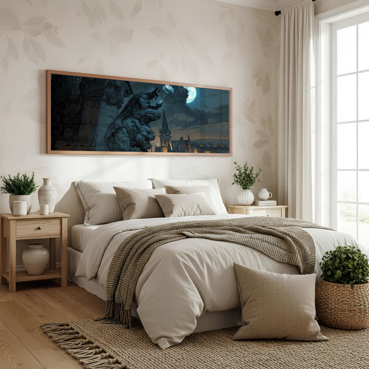 Batman Moonlit Sentinel Panoramic Wall Art shown in a bedroom