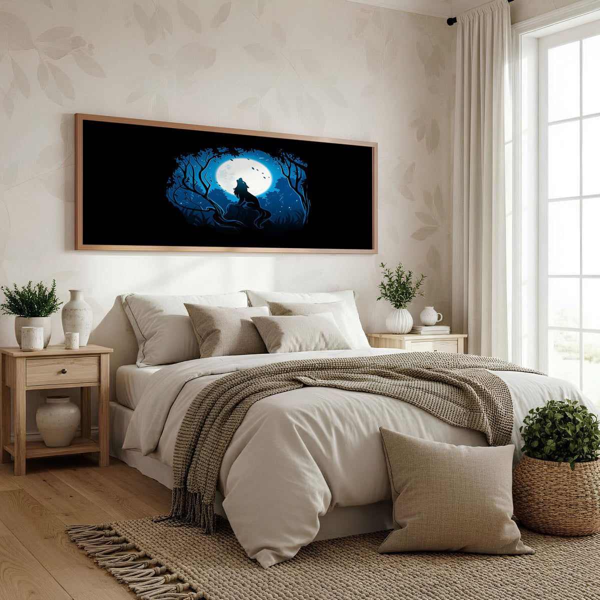 Moonlit Wolf Panoramic Wall Art shown in a bedroom
