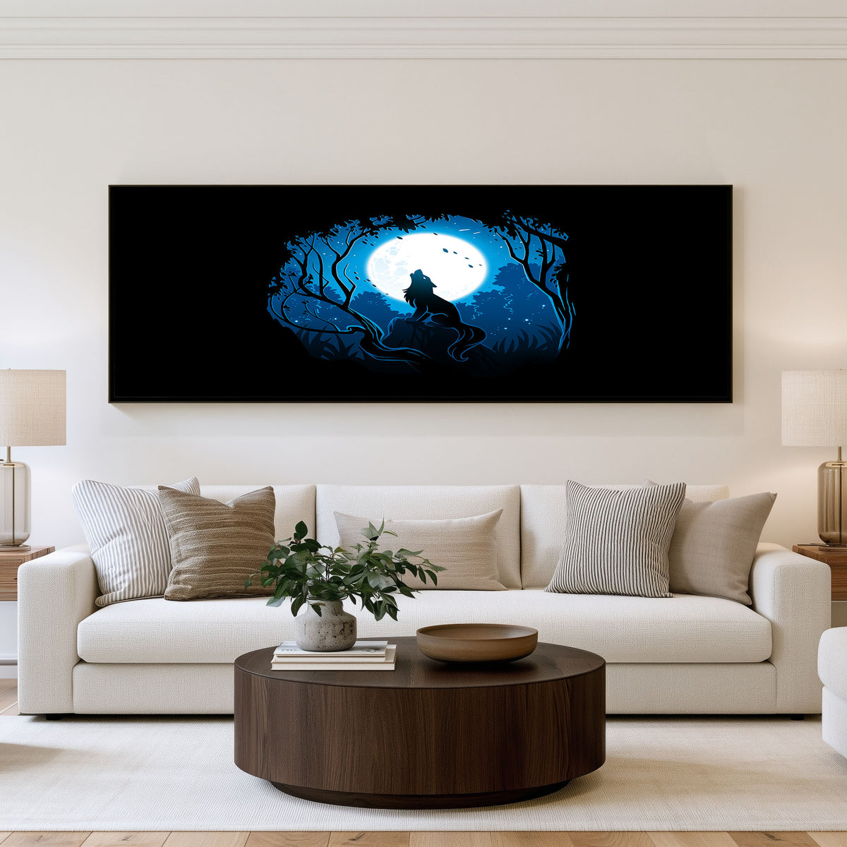 Moonlit Wolf Panoramic Wall Art shown in a living room