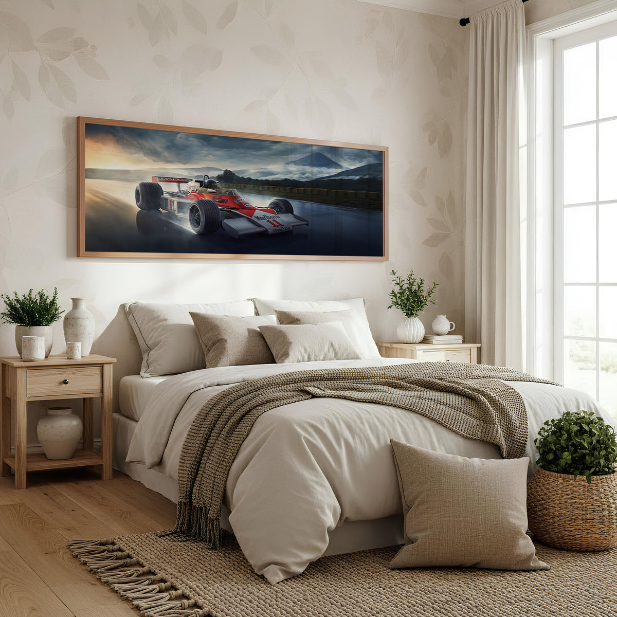 Sunset Formula Duel Panoramic Motorsport Wall Art shown in a bedroom
