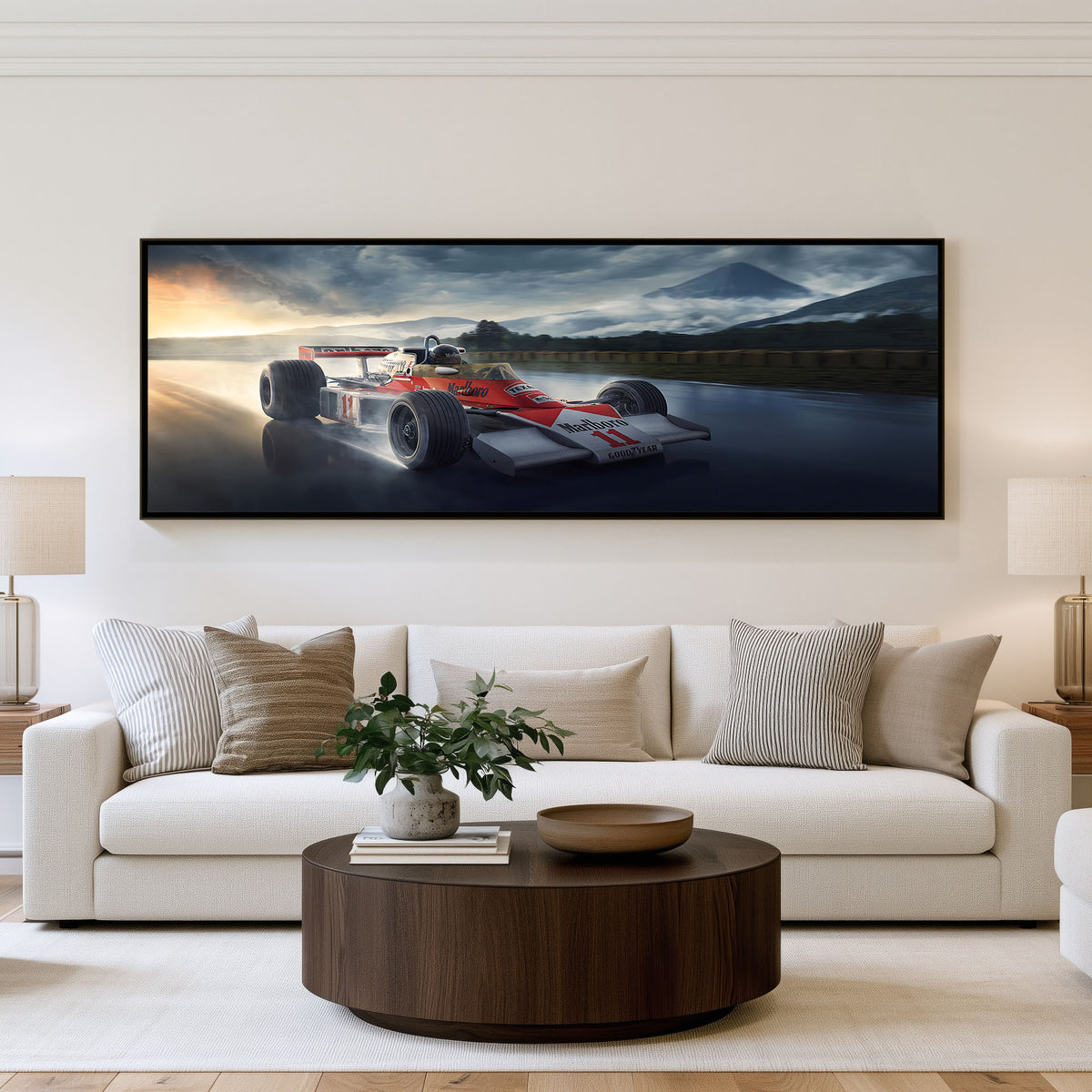Sunset Formula Duel Panoramic Motorsport Wall Art shown in a living room